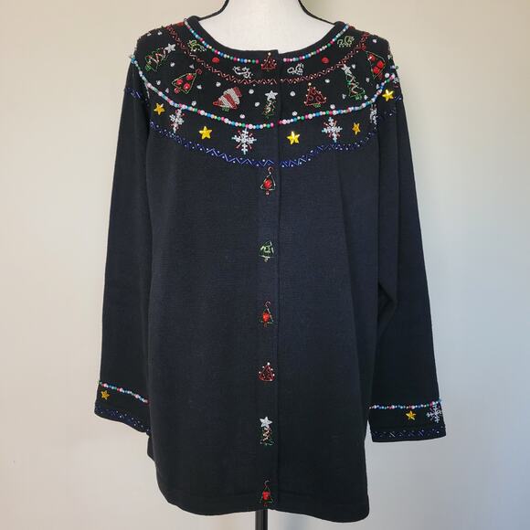 Vintage 90's 1X Quacker Factory Knit Beaded Sequin Christmas Cardigan Sweater - Picture 1 of 13